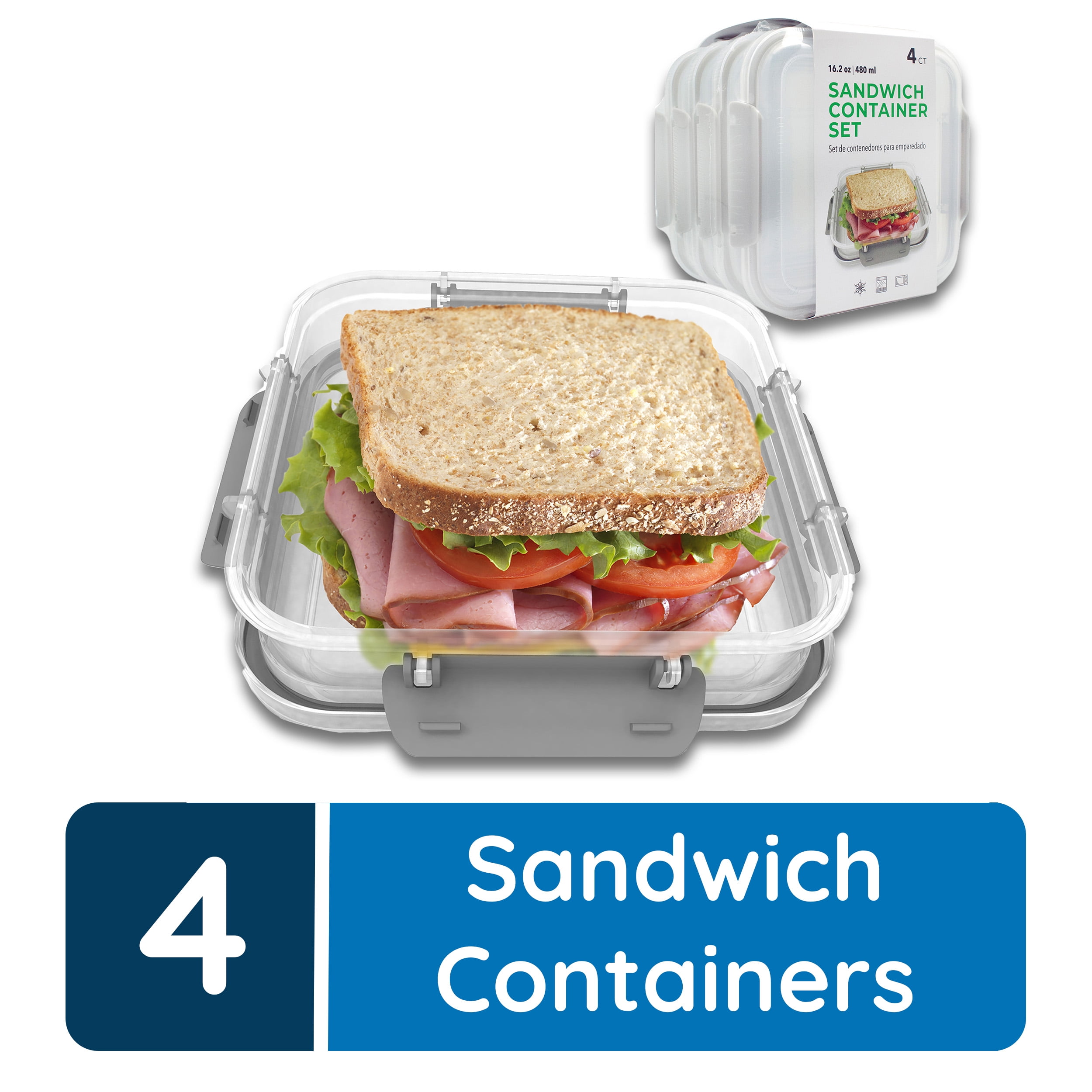 Snap Fresh - 4 Pack of Sandwich Containers (450 ml) - Reusable, BPA Free  Plastic, Snap & Lock Shut Lids and Silicone Seal. Great for Fruit, Salad