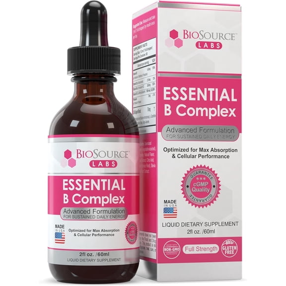 BioSource Labs Essential B Complex - Vegan Vitamin B-Complex Sublingual Liquid Drops w/Methyl B12 & Adaptolin (2oz / 60ml Bottle)