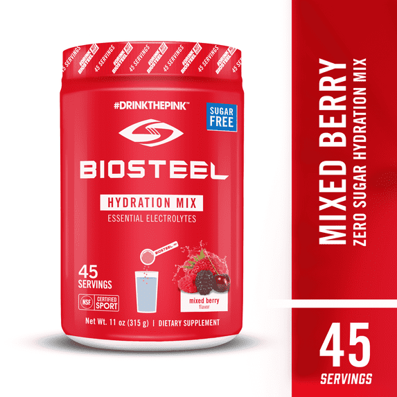 BioSteel Zero Sugar Hydration Mix, Great Tasting Hydration with 5 Essential Electrolytes, Mixed Berry Flavor, 45 Servings per Tub