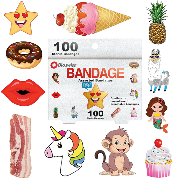 BioSwiss Bandages, Assorted Shaped Self Adhesive Bandage, Unicorn, Cupcakes, Lips, Bacon, Stars and More, Latex Free Sterile Wound Care for Kids and Adults, 100 Count