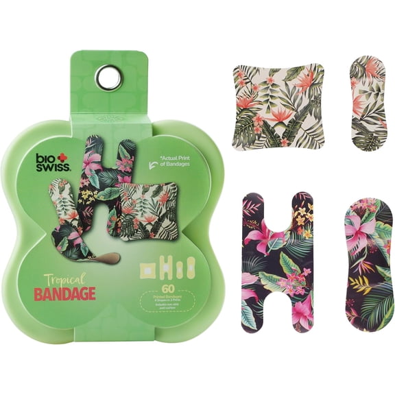 BioSwiss Bandages, Assorted Size Tropical Print Self Adhesive Bandage, Latex Free Sterile Wound Care, 60 Count