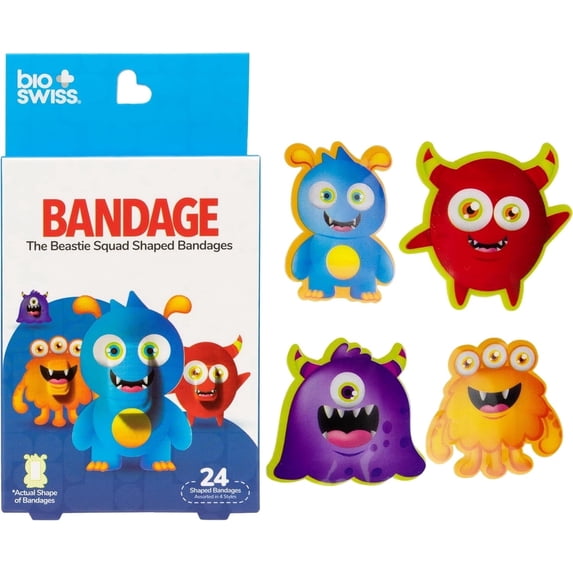 BioSwiss Bandages, Beastie Squad Shaped Self Adhesive Bandage, Latex Free Sterile Wound Care, 24 Count