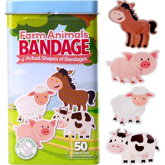 BioSwiss Bandages, Farm Animal Shaped Self Adhesive Bandages, Latex Free Sterile Wound Care, 50 Count