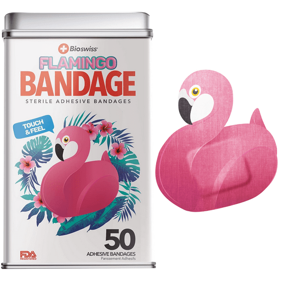 BioSwiss Bandages, Flamingo Shaped Self Adhesive Bandage, Latex Free Sterile Wound Care, Fun First Aid Kit Supplies for Kids and Adults, 24 Count