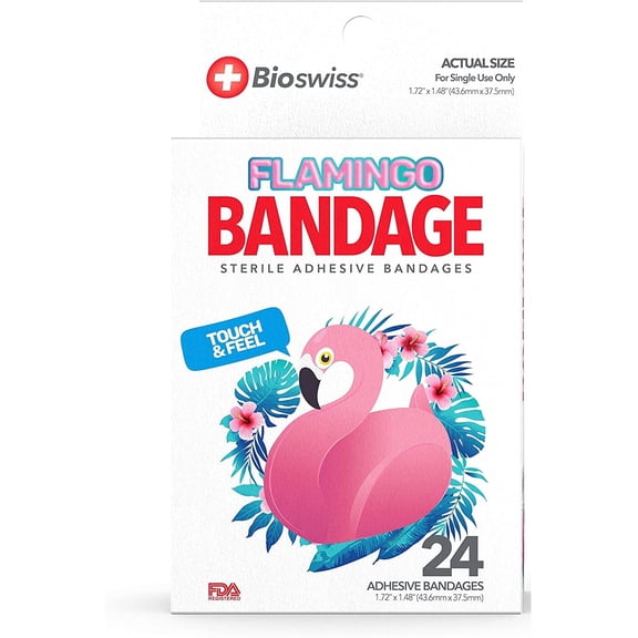BioSwiss Bandages, Flamingo Shaped Self Adhesive Bandage, Latex Free Sterile Wound Care, Fun First Aid Kit Supplies for Kids and Adults, 50 Count