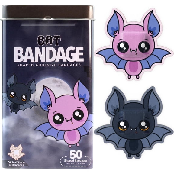 BioSwiss Bandages, Halloween Bat Shaped Self Adhesive Bandage, Latex Free Sterile Wound Care, 50 Count
