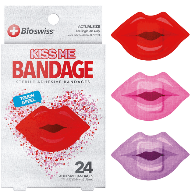 BioSwiss Bandages, Lips Shaped Self Adhesive Bandage, Latex Free Sterile Wound Care, Fun First