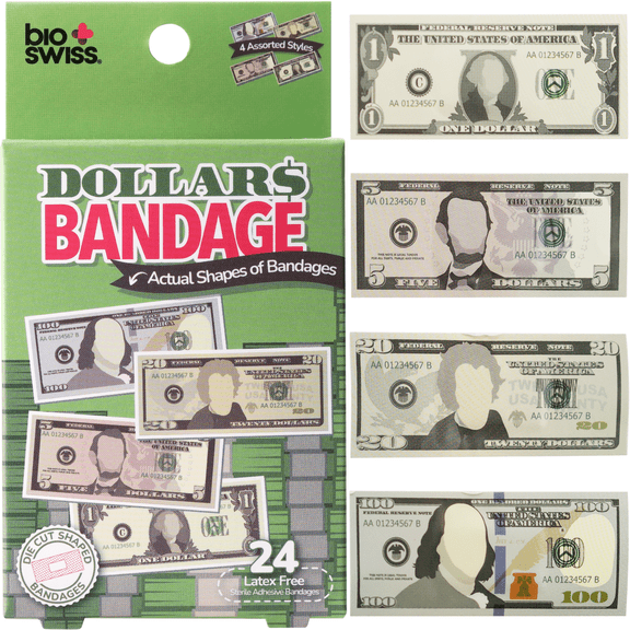 BioSwiss Bandages, Money Shaped Self Adhesive Bandages, Latex Free Sterile Wound Care, 24 Count
