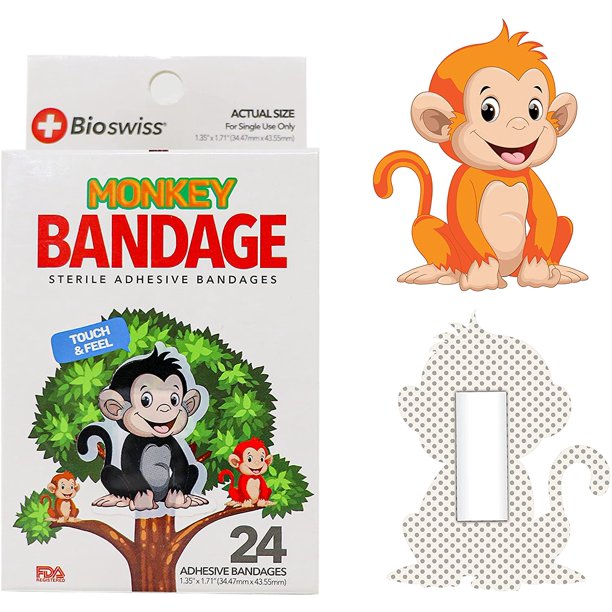 BioSwiss Bandages, Monkey Shaped Self Adhesive Bandage, Latex Free Sterile Wound Care, Fun First
