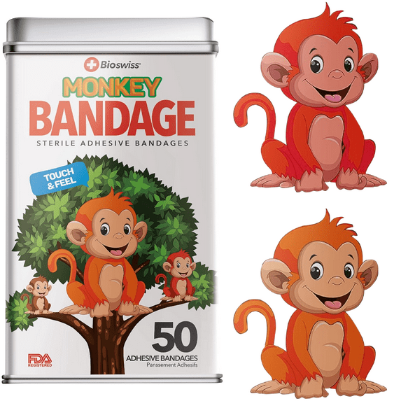 BioSwiss Bandages, Monkey Shaped Self Adhesive Bandage, Latex Free Sterile Wound Care, Fun First Aid Kit Supplies for Kids and Adults, 50 Count
