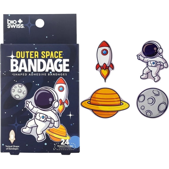 BioSwiss Bandages, Outer Space Shaped Self Adhesive Bandage, Latex Free Sterile Wound Care, 24 Count