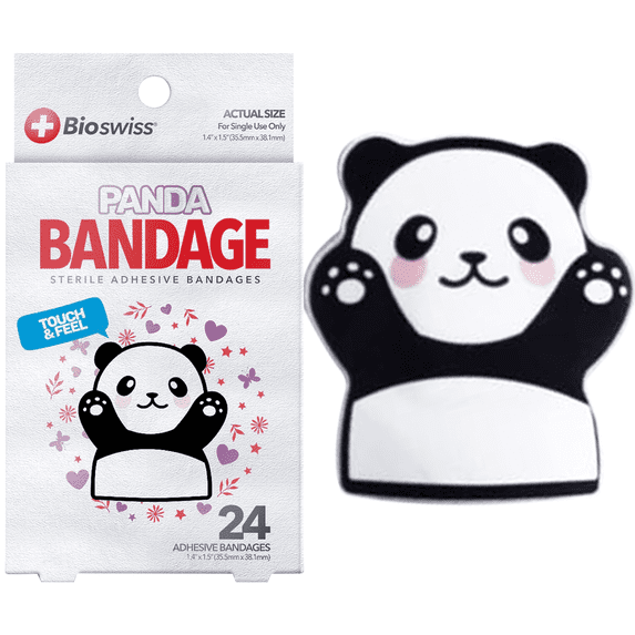 BioSwiss Bandages, Panda Shaped Self Adhesive Bandage, Latex Free Sterile Wound Care, Fun First Aid Kit Supplies for Kids and Adults, 24 Count