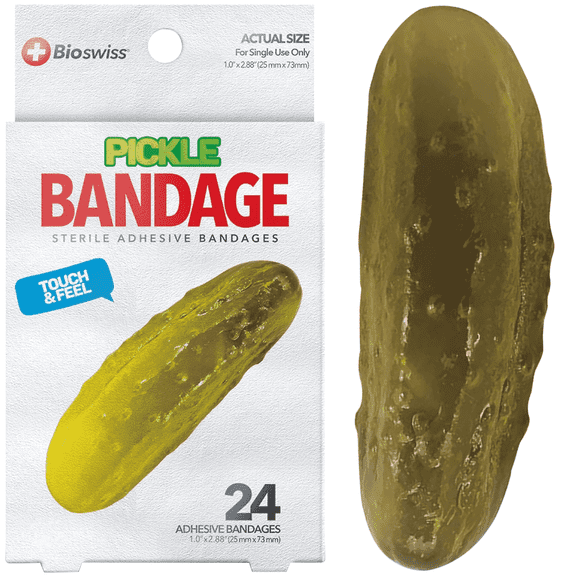 BioSwiss Bandages, Pickle Shaped Self Adhesive Bandages, Latex Free Sterile Wound Care, Fun First Aid Kit Supplies for Kids and Adults, 24 Count