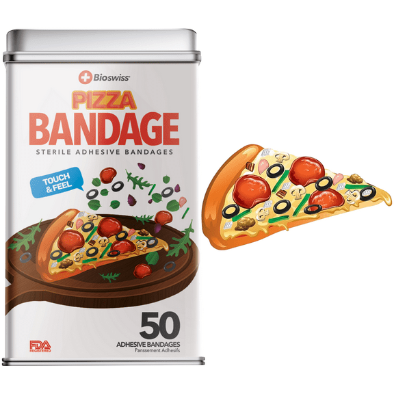 BioSwiss Bandages, Pizza Shaped Self Adhesive Bandages, Latex Free Sterile Wound Care, Fun First Aid Kit Supplies for Kids and Adults, 50 Count