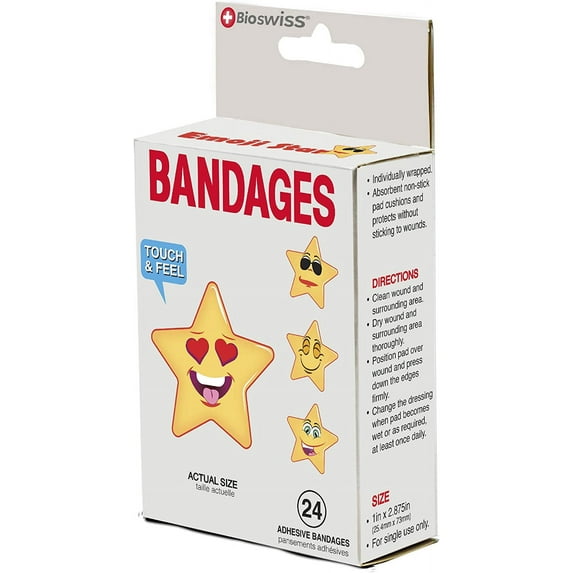 BioSwiss Bandages, Star Shaped Self Adhesive Bandage, Latex Free Sterile Wound Care, Fun First Aid Kit Supplies for Kids and Adults, 24 Count