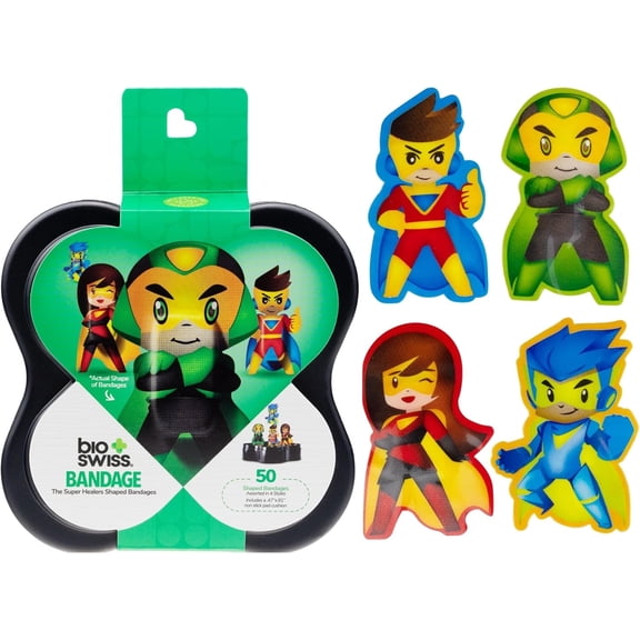 BioSwiss Bandages, Super Healers Superhero Shaped Self Adhesive Bandage, Latex Free Sterile Wound Care, 50 Count