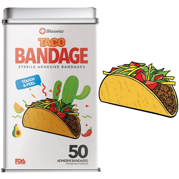 BioSwiss Bandages, Taco Shaped Self Adhesive Bandages, Latex Free Sterile Wound Care, Fun First Aid Kit Supplies for Kids and Adults, 50 Count