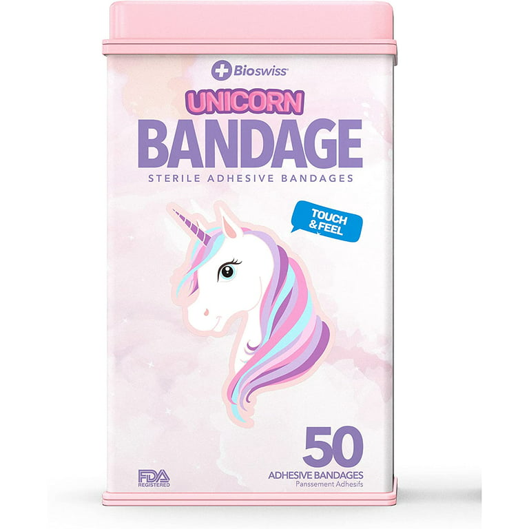 BioSwiss Bandages, Unicorn Shaped Self Adhesive Bandage, Latex Free Sterile  Wound Care, Fun First Aid Kit Supplies for Kids and Adults, 50 Count 