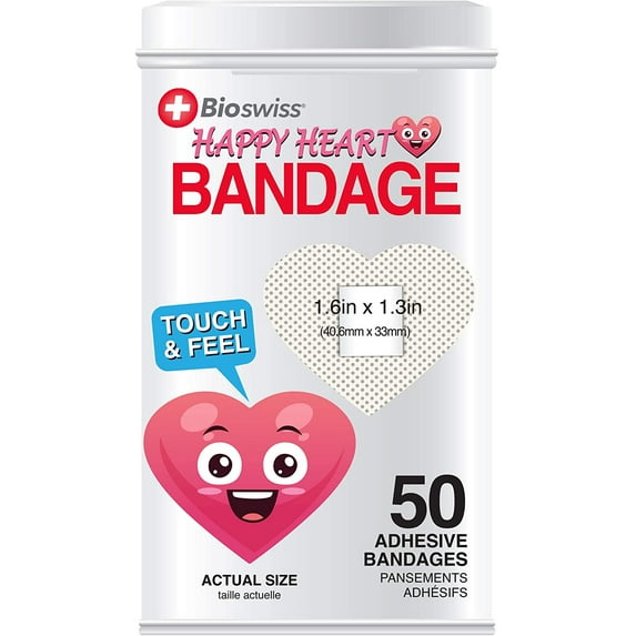 BioSwiss Kids Bandaids | 50pcs Sterile Unique Shaped Bandages Colorful Funny Cute Toddler Girls & Boys, Adults First Aid, Protect Scrapes and Cuts | Wellness for Everyone (Happy Hearts)