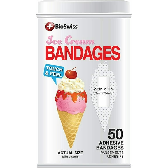 BioSwiss Novelty Fun Collectible Bandages, 50 Count with Tin Container - Ice Cream