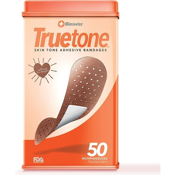 BioSwiss Truetone Brown Skin Tone Bandages, Brown Skin Care Covers for True Color Matches, First Aid Latex Free Bandage Tin, Standard Shape for Kids and Adults, 50 Pack
