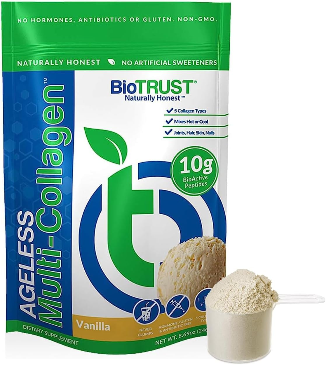 BioTrust Ageless Multi Collagen Peptides Powder – 5 Types (I, II, III, V, X) – Vanilla Collagen Powder for Women & Men – Hydrolyzed Protein – Grass Fed Beef, Fish, Chicken, Eggshell Membrane