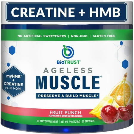 BioTrust Ageless Muscle Builder - Micronized Creatine Monohydrate Powder with HMB, Vitamin D3 & Betaine - Build & Preserve Naturally Declining Muscle Mass & Strength - Fruit Punch, 30 Servings
