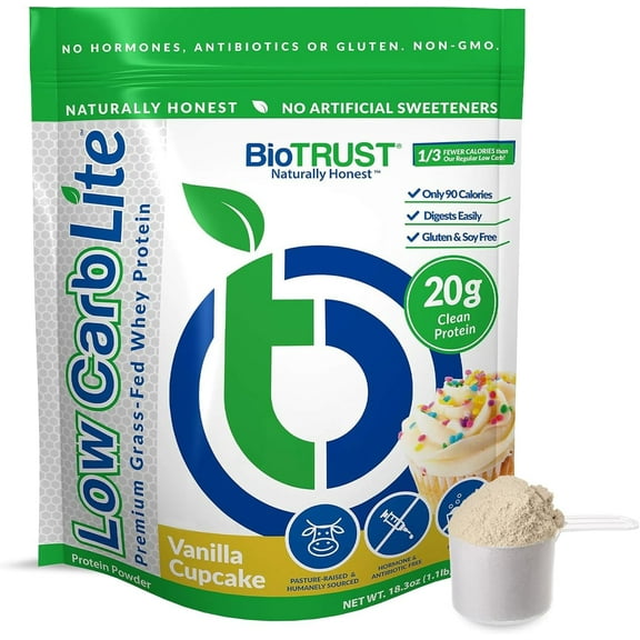 BioTrust Low Carb Lite, 20 Grams of Grass-Fed Whey Protein Isolate, 100 Calories, ProHydrolase Digestive Enzymes, Non-GMO, Free from Soy and Gluten, rBGH-Free (14 Servings) (Vanilla Cupcake)