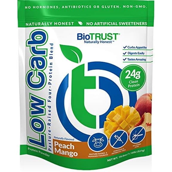 BioTrust Low Carb Natural and Delicious Protein Powder Whey and Casein Blend from Grass-Fed Hormone Free Cows, Gluten Free, Hormone and Antibiotic Free (Peach Mango)