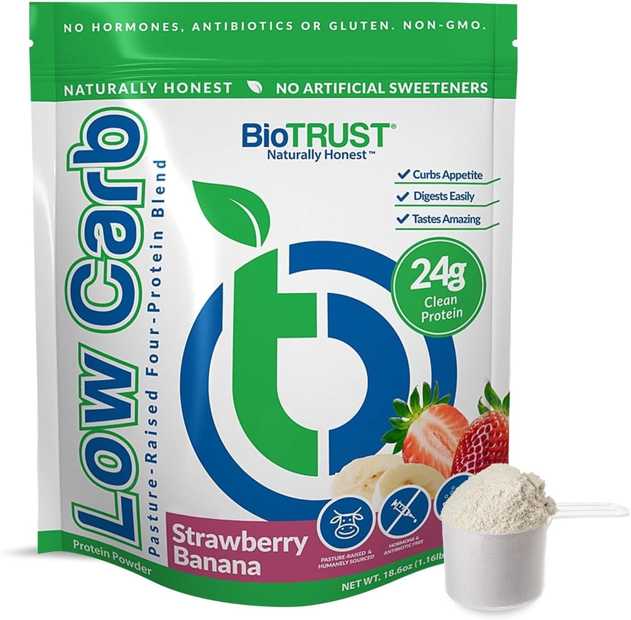 BioTrust Low Carb Protein Powder Delicious Whey & Casein Blend from Grass-Fed Hormone Free Cows Non GMO, Gluten Free (Strawberry Banana)