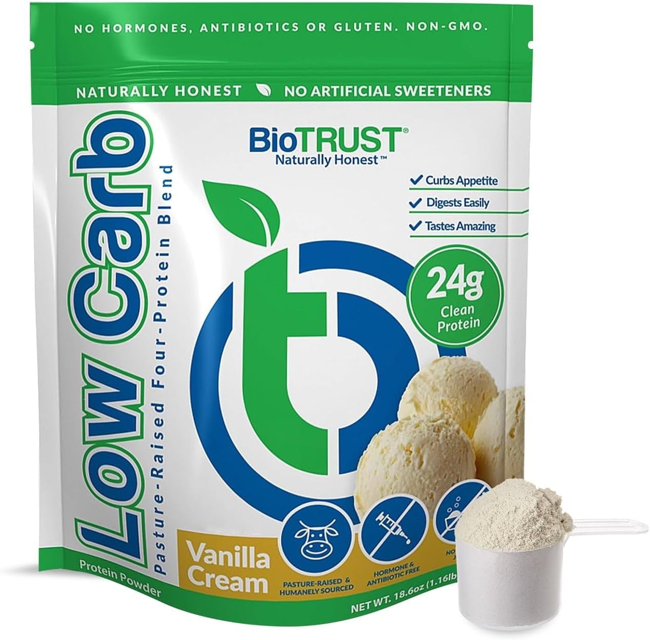 BioTRUST Low Carb Protein Powder, Vanilla, Grass-Fed Whey and Casein ...