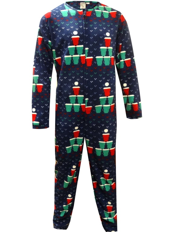 BioWorld Merchandising Mens Beer Pong Christmas Tree One Piece Union Suit Pajama (Large)