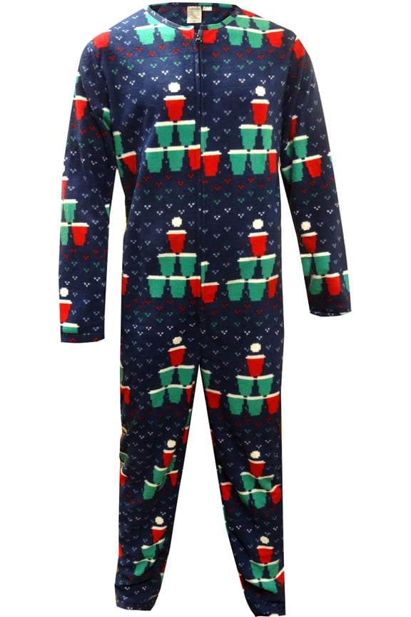 BioWorld Merchandising Mens Beer Pong Christmas Tree One Piece Union Suit Pajama (Medium)