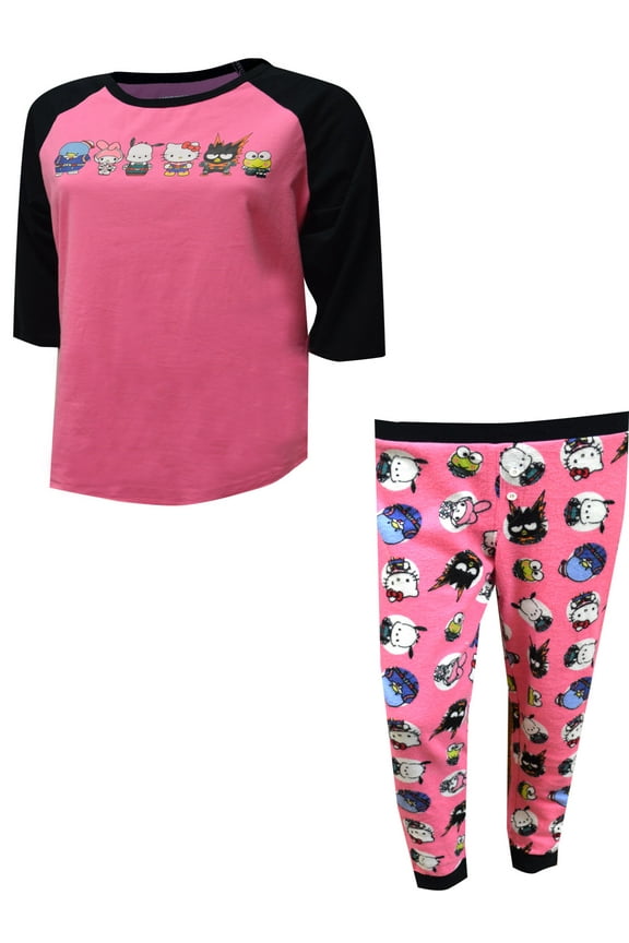 Merchandising Womens Hello Kitty and Friends Pink and Black Thermal Waffle Pajama Set