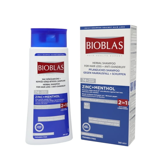 Bioblas Zinc & Menthol Hair Shampoo - Anti-Dandruff & Anti Hair Loss Cleansing Shampoo - Fresh Mint Shampoo for Hair Loss & Soothing Scalp - Fragrance Free, Rich in Vitamins - All Hair Types