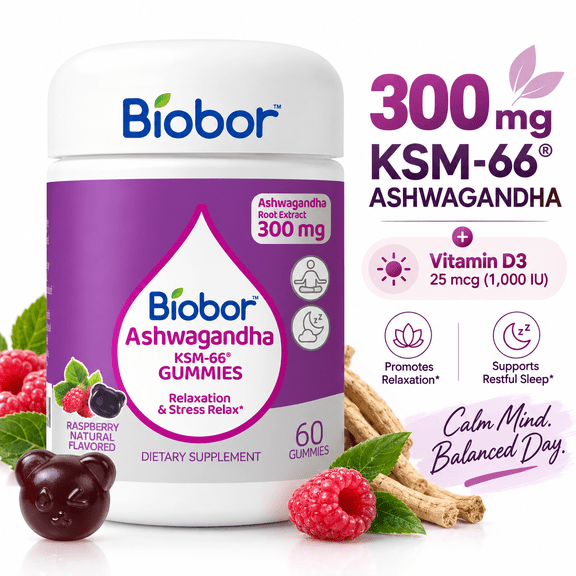 Biobor KSM-66 Ashwagandha Gummies, Cortisol Balance & Calm Support Supplement for Stress Management, with Vitamin D3, Raspberry Flavor, 60 Count