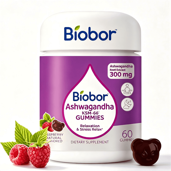 Biobor KSM-66® Ashwagandha Gummies, Cortisol Balance & Calm Support Supplement for Stress Management, with Vitamin D3, Raspberry Flavor, 60 Count