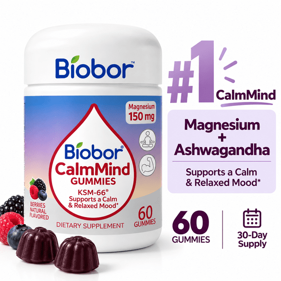 Biobor CalmMind Triple Magnesium Gummies with Ashwagandha, Magnesium Glycinate, Citrate & Malate for Calm, Muscle/Nerve Relaxation/Cortisol Balance, Mixed Berry, 60 Ct