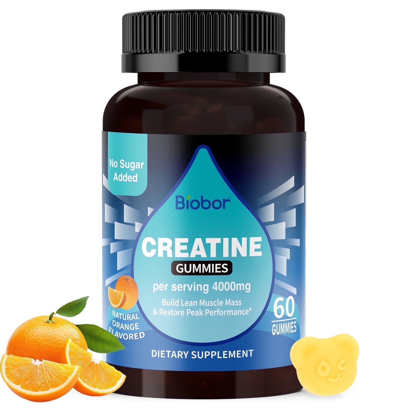Biobor Creatine Monohydrate Gummies 4000mg for Men & Women, No Sugar Added, Chewable Creatine Supplement , Vegetarian-Friendly, Gluten Free (Orange, 60 Count)