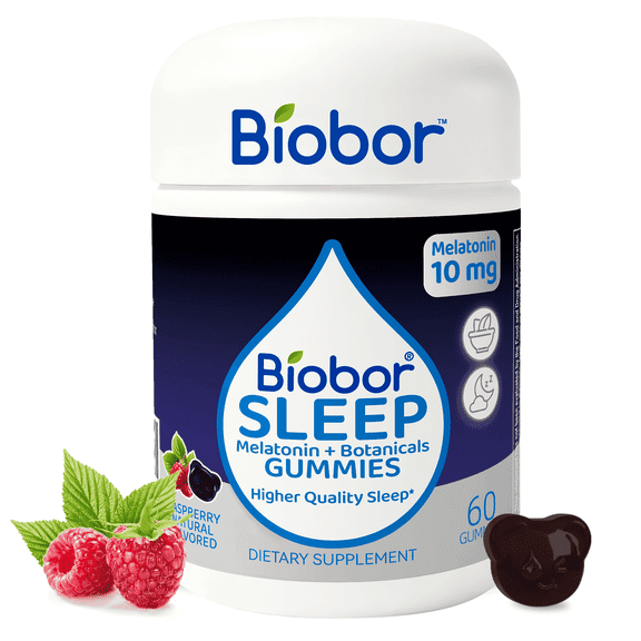 Biobor Sleep Gummies, 10mg Melatonin & 100mg L-Theanine & Herbal Extracts, Calm & Relaxation Support, Non-GMO, Gluten Free, Raspberry Flavored, 60 Count
