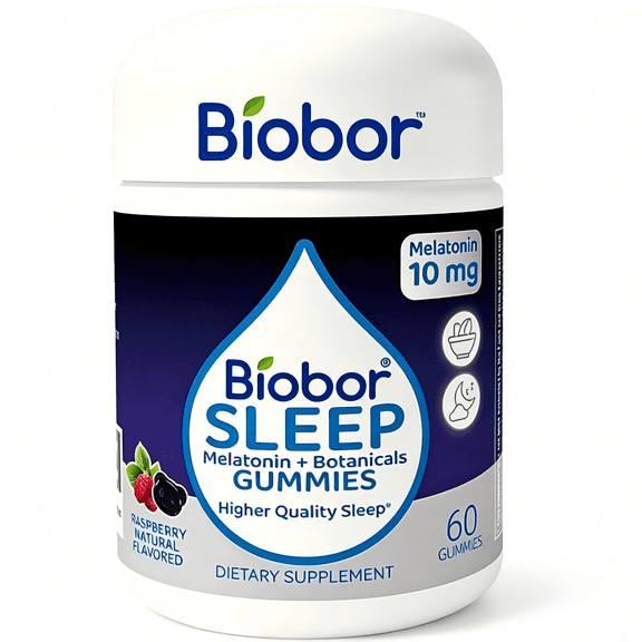 Biobor Sleep Gummies, 10mg Melatonin & 100mg L-Theanine & Herbal Extracts, Calm & Relaxation Support, Non-GMO, Gluten Free, Raspberry Flavored, 60 Count