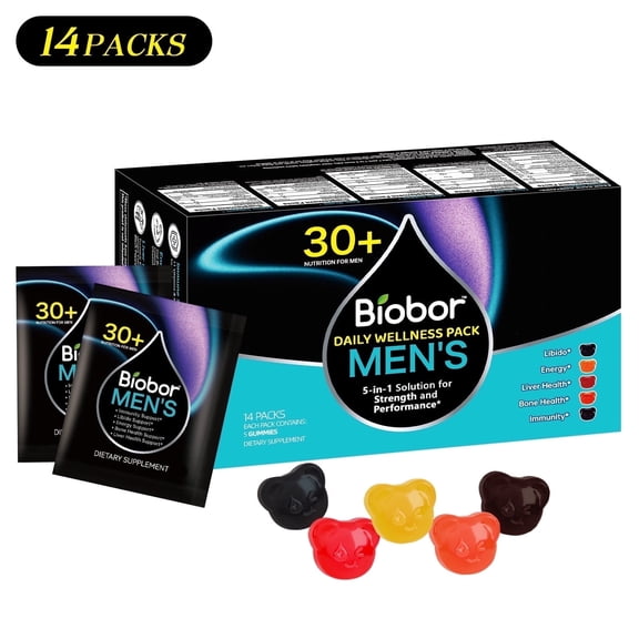Biobor Men's Daily Multivitamin Supplement 5 in 1 for Vitality Biobor Libido Liver Health, Bone & Immune Support, Vitamin D3 K2, B12, Ashwagandha, Turmeric, 14 Packs