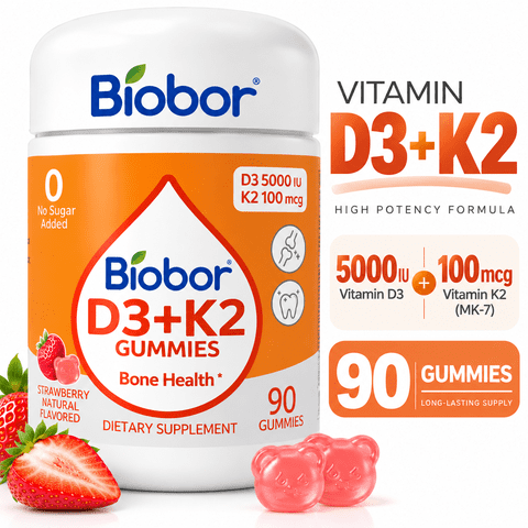 Biobor Natural Vitamin D3 K2 Gummies 5000 IU, Bone Health Supplement, Supports Calcium Absorption, Muscle & Immune Health, No Added Sugar, Strawberry Flavor