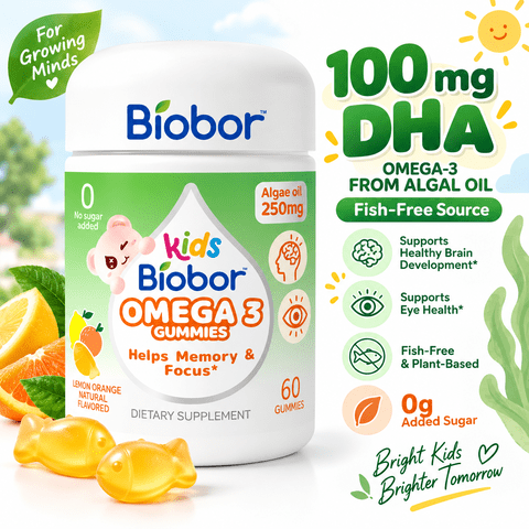 Biobor Omega 3 Gummies, Algal Oil DHA Gummies for Brain Eyes & Immunity Support, Lemon Orange