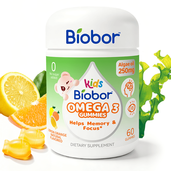 Biobor Omega 3 Gummies, Algal Oil DHA Gummies for Brain Eyes & Immunity Support, Lemon Orange