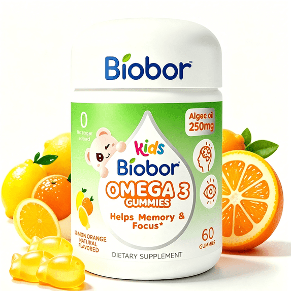 Biobor Omega 3 Gummies, Algal Oil DHA Gummies for Brain Eyes & Immunity Support, Lemon Orange