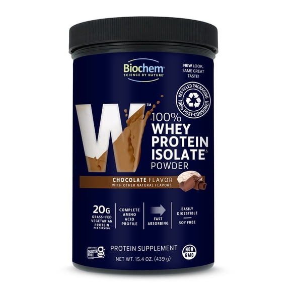 Biochem 100% Whey Protein Isolate, Chocolate, 15.4 oz, 28 Servings | 20g grass-fed whey isolate per serving; certified gluten-free, vegetarian and 99% lactose free