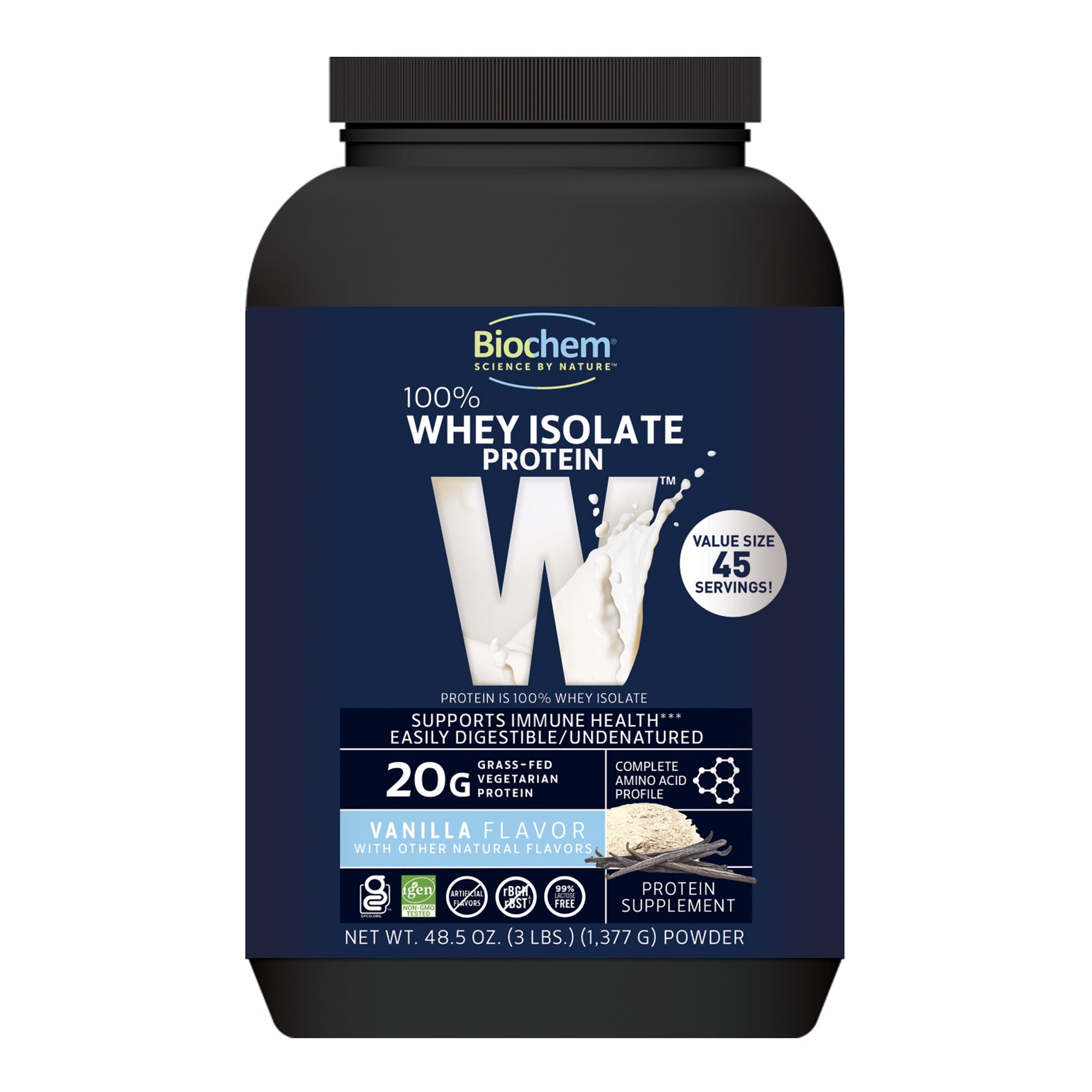 Biochem 100 Whey Protein Isolate Vanilla Flavor 48.5 oz (3 lbs) Powder