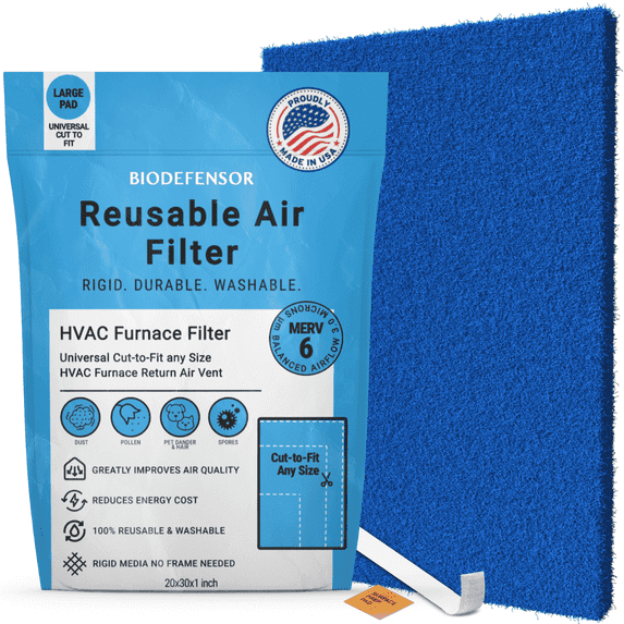 Biodefensor Washable Reusable AC Furnace Filter, MERV 6, 20x30x1 Cut to Fit