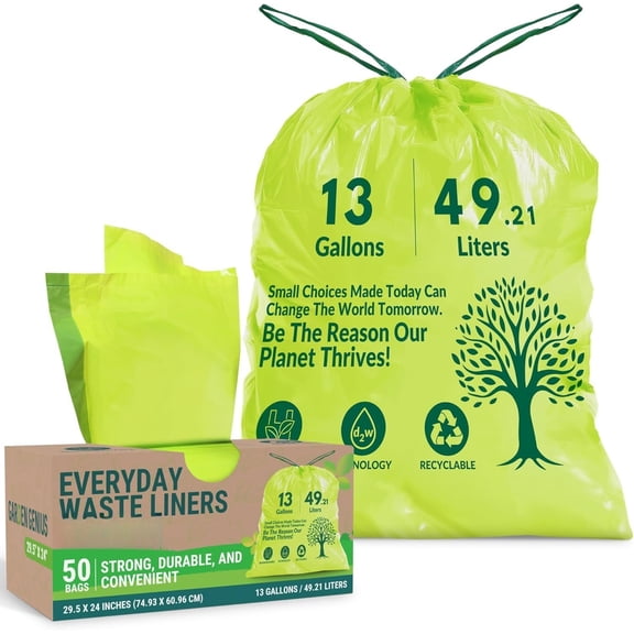 Biodegradable 13-Gallon Kitchen  Bags (50-Pack) | , Heavy-Duty Tall Trash Bags w/Drawstring | Fits  Standard 13-Gallon (49.21 L) Cans |  D2W, 30 Microns Thick, 29.5" x 24"